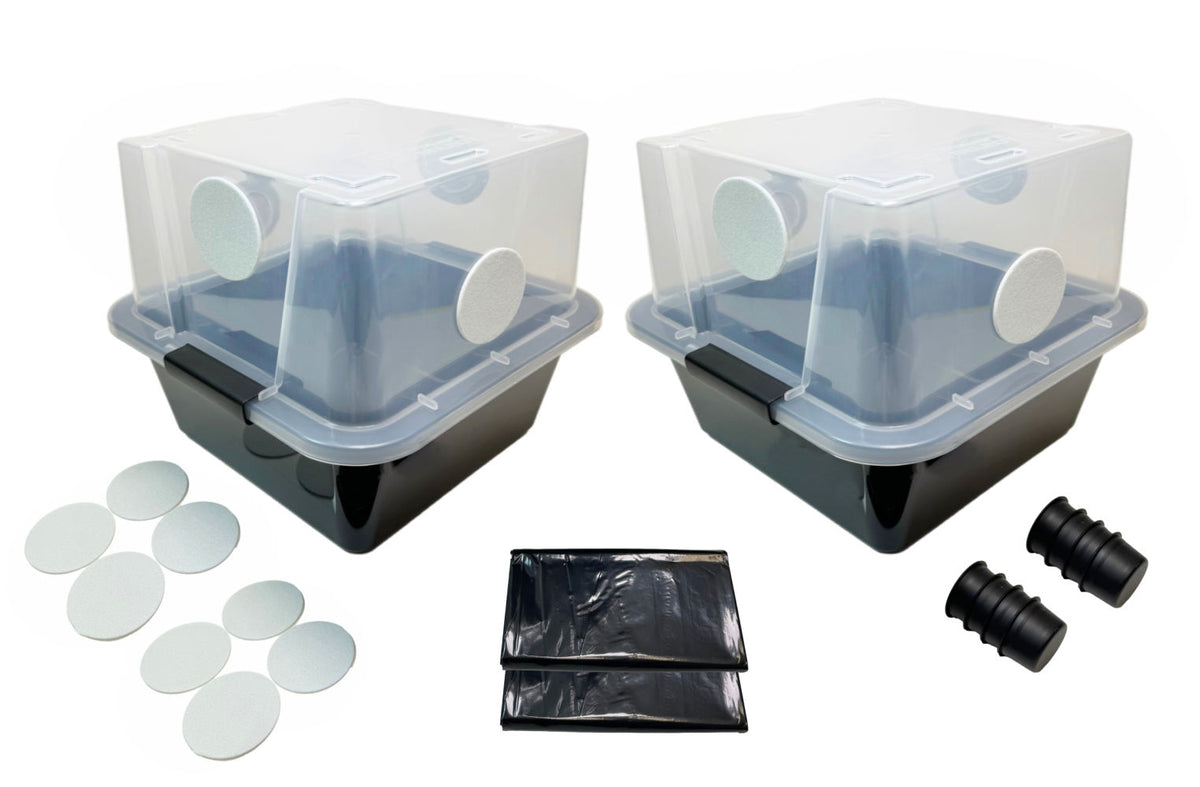Grower's Select SMALL Mushroom Monotub Fruiting Chamber with Filter Disks and Liner 28Q (2-Pack) - Image 1